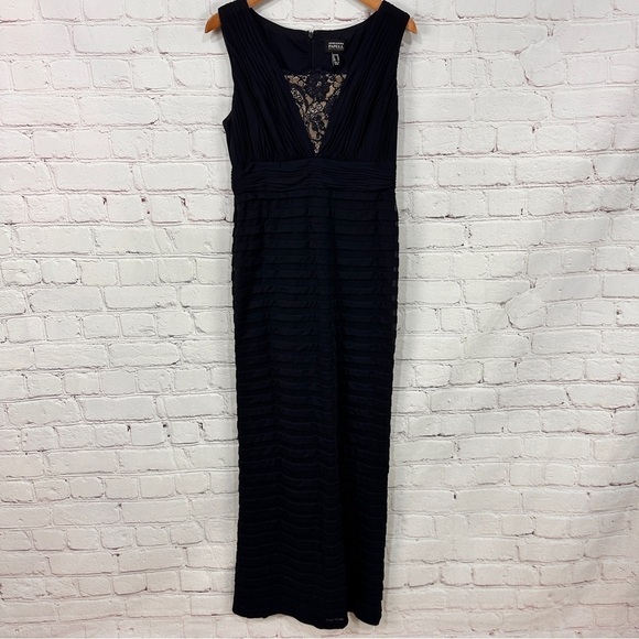 Adrianna Papell women’s navy blue formal gown maxi dress size 12 ribbed lace - Picture 2 of 16